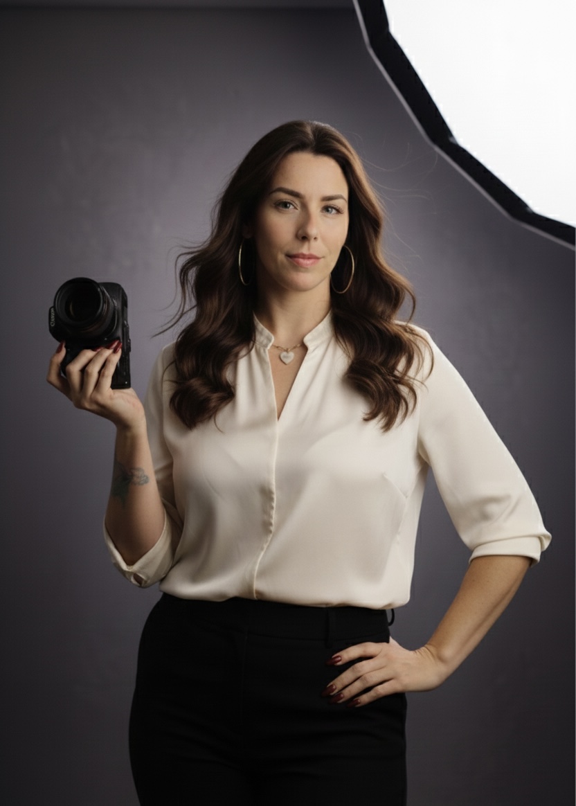 Stephanie, owner of Studio Realms, holding her Canon camera in the studio against a soft warm gray backdrop.